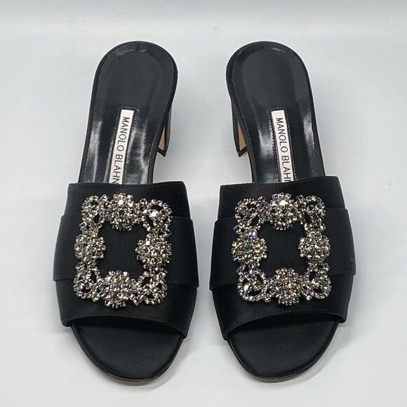 Manolo Blahnik Martanew 50MM Embellished Satin Mules size 37.5 - Picture 1 of 14